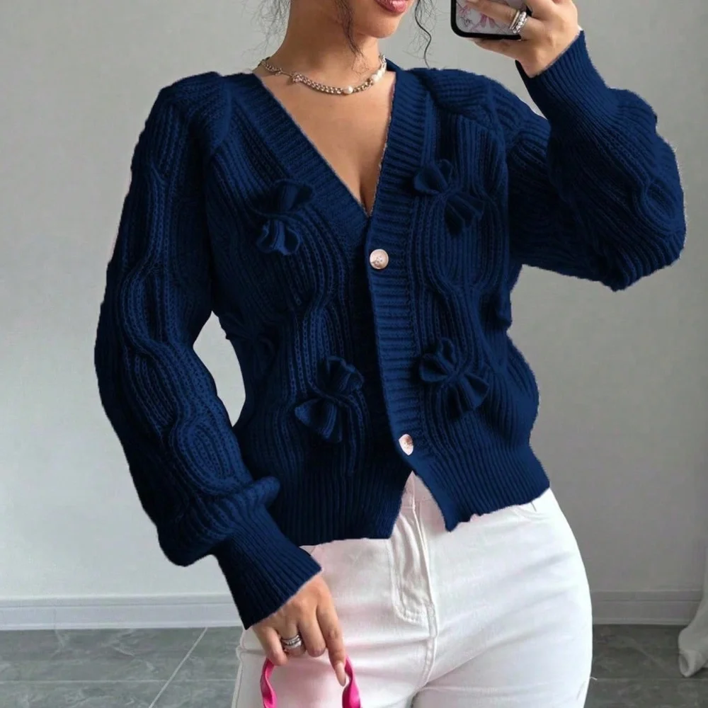 Classic Solid Bow Detail Button Down Fitted Cardigan